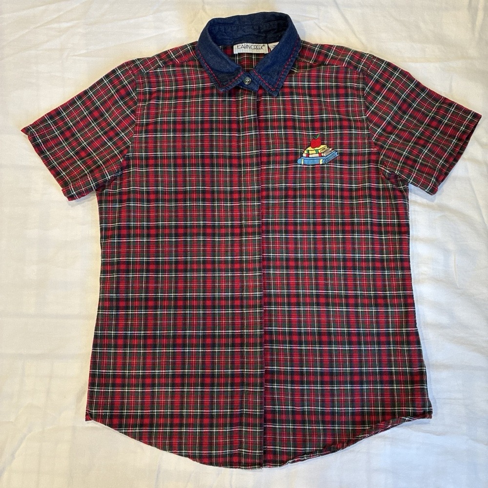 Cabin Creek Button Up Shirt Women's Small School Teacher Core Embroidered Plaid - Picture 2 of 11